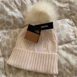 The North Face Oh Mega Fur Pom Knit Cream Beige Gardenia White Beanie
